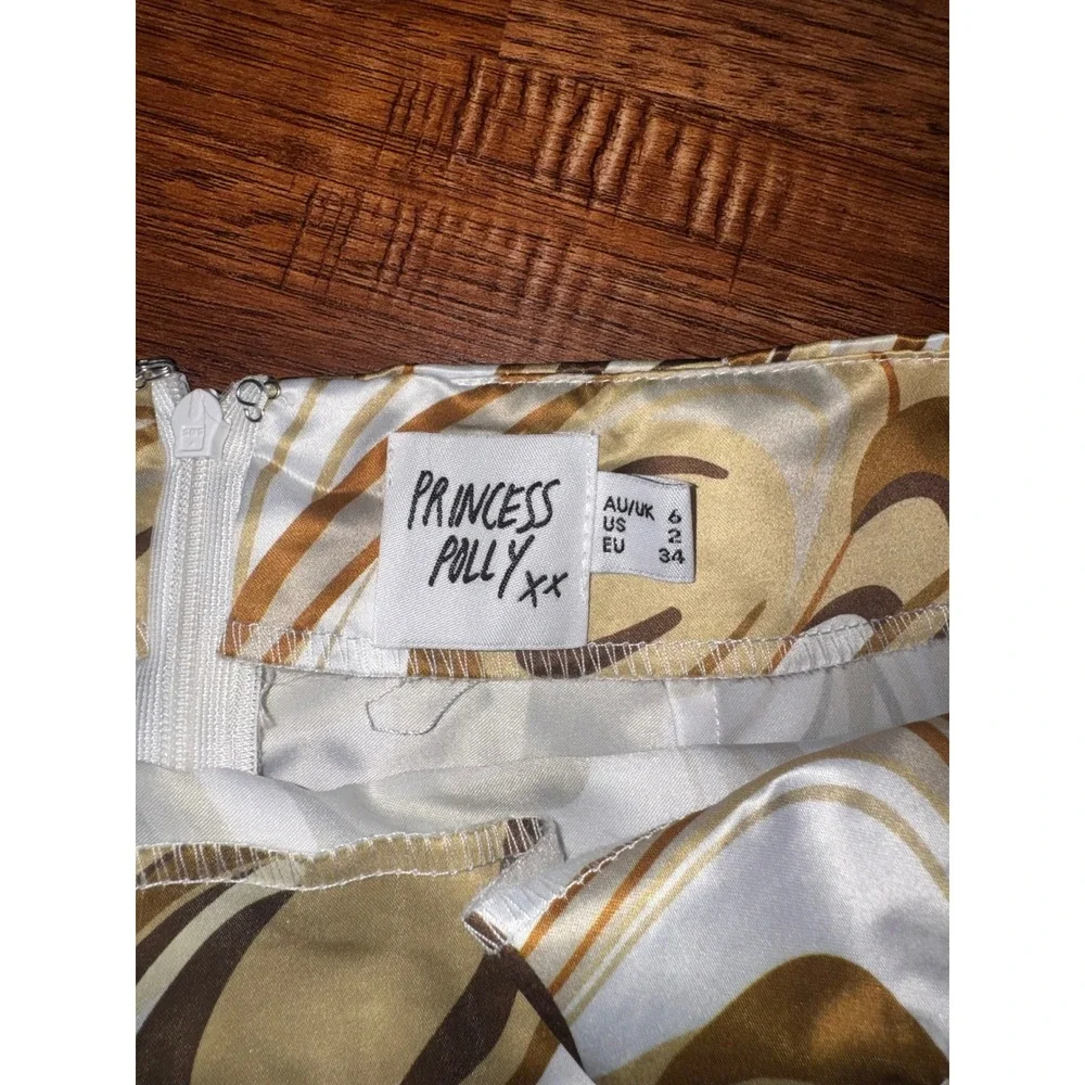 Princess Polly Brown Gold Swirl Print Satin Mini Skirt Retro 70s Style Size 2